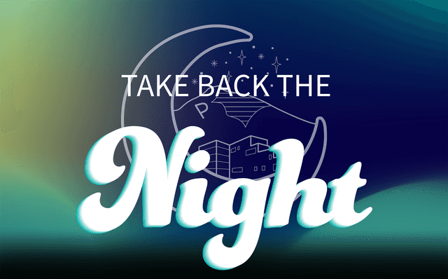 Take Back The Night text over a crescent moon and building outline on a dark blue gradient background.