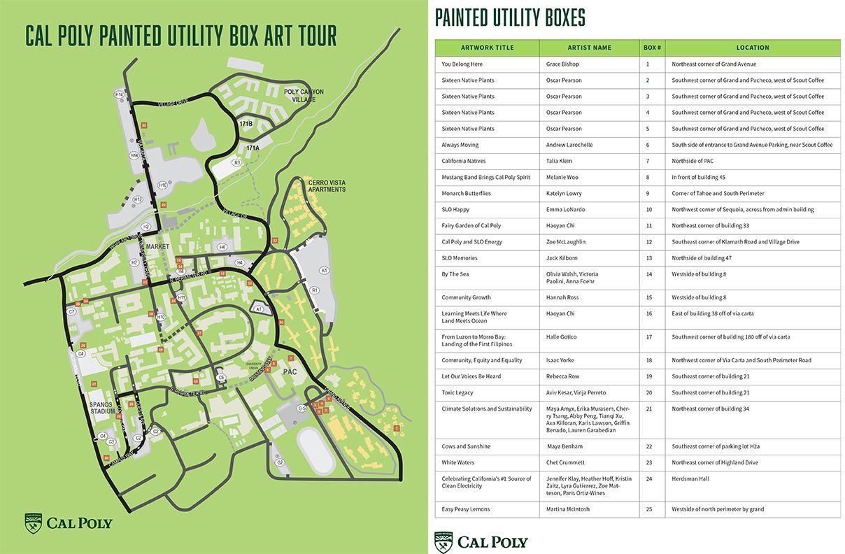 Map and list of Cal Poly utility box art tour locations with artwork titles, artist names, box numbers, and locations.