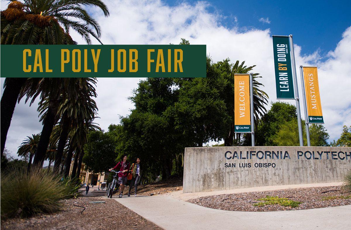 California Polytechnic State University San Luis Obispo sign with banners reading Welcome, Learn By Doing, Mustangs.