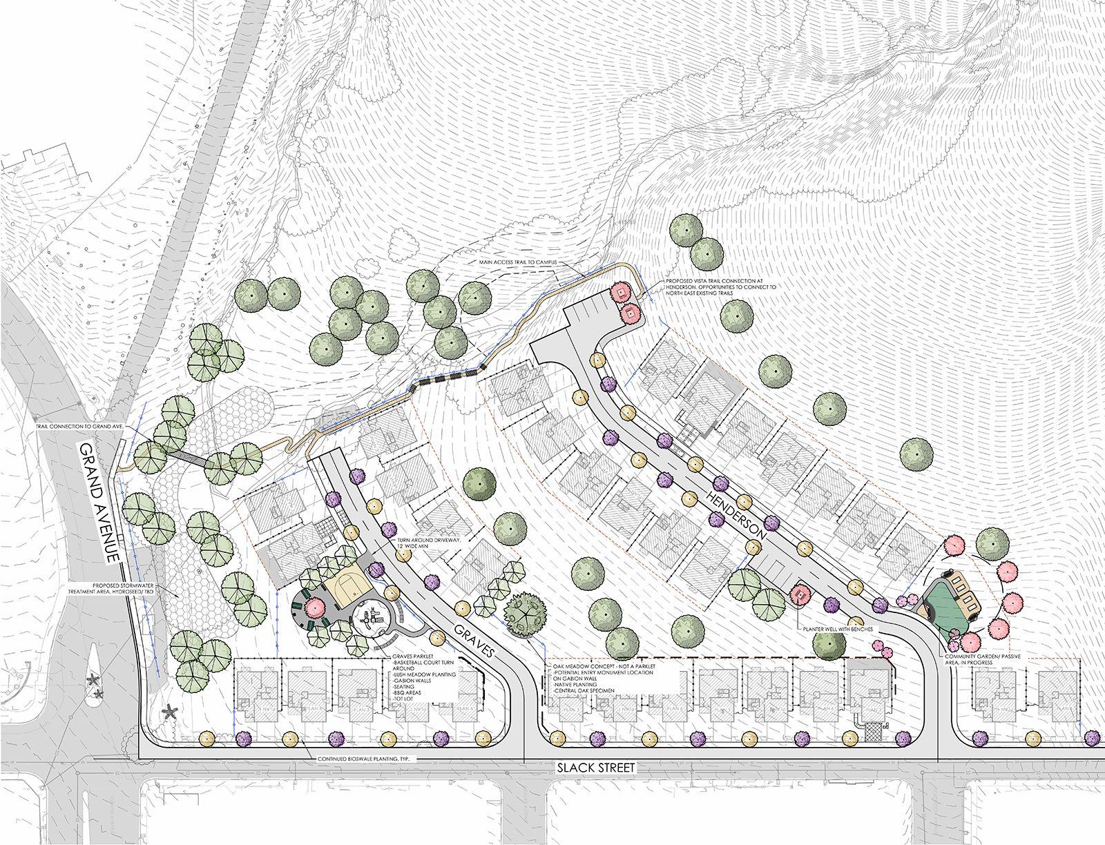 Site plan showing residential buildings, streets labeled Henderson, Graves, Slack Street, playground, trails, and tree plantings.