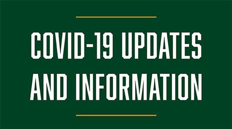 COVID-19 Updates and Information text on a dark green background with two thin yellow lines above and below.