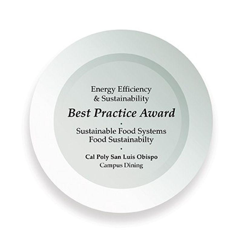 White plate with text: Energy Efficiency & Sustainability Best Practice Award, Sustainable Food Systems Food Sustainability, Cal Poly San Luis Obispo Campus Dining.