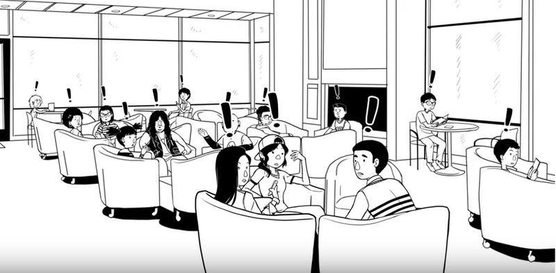 People sitting in armchairs in a waiting area, all with exclamation marks above their heads.