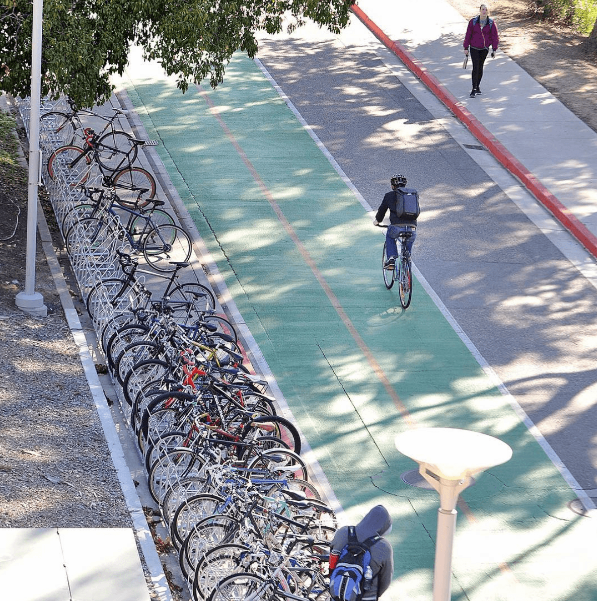 Bike lane with one cyclist, a pedestrian on a sidewalk, and many bikes parked in a rack along the lane.