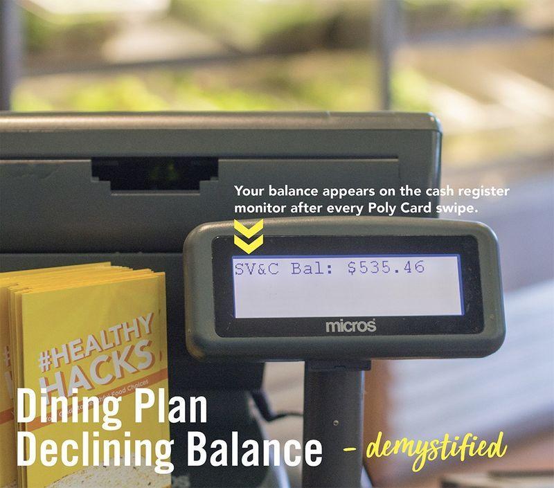 Cash register monitor displays dining plan balance of $535.46 with text explaining balance updates after card swipe.