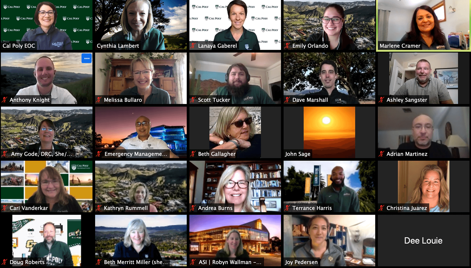 Multiple participants in a virtual meeting, most with Cal Poly backgrounds or natural home/office settings.
