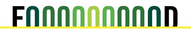 FOOD with six green O's in the middle above a yellow line on a white background.