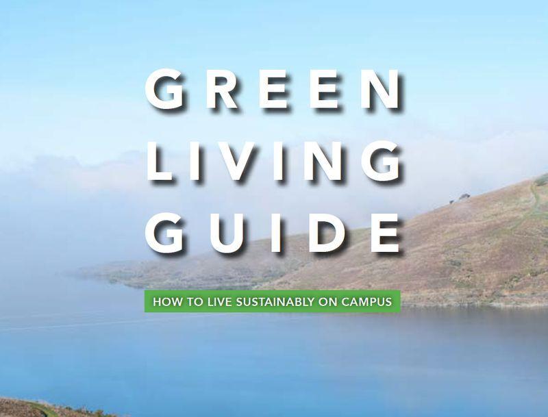 GREEN LIVING GUIDE" text over a misty lake and hillside background with "HOW TO LIVE SUSTAINABLY ON CAMPUS" subtitle.