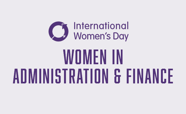 International Women's Day logo with text "Women in Administration & Finance" in purple.
