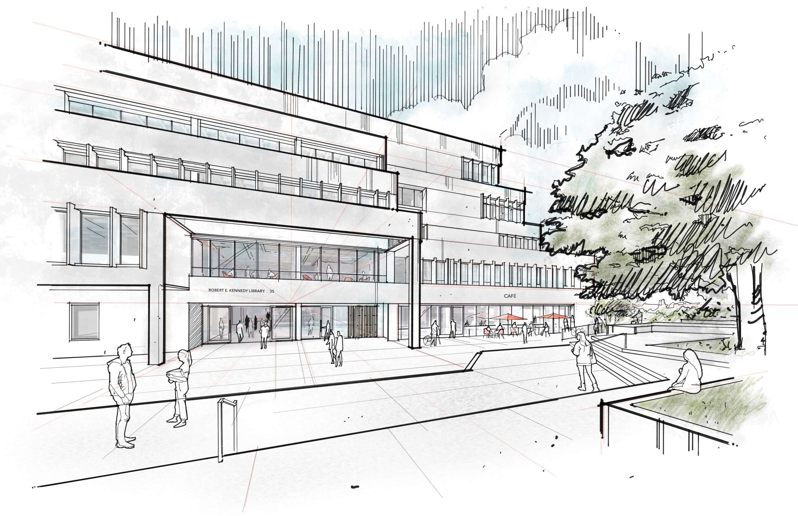 Modern library building with large windows, outdoor café seating, trees, and people walking and sitting nearby.