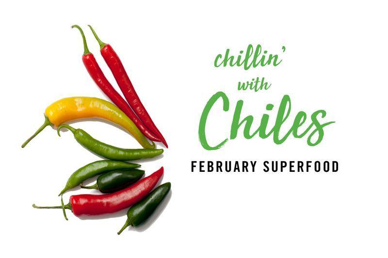 Nine red, yellow, and green chili peppers with text "chillin' with Chiles February Superfood" on white background.
