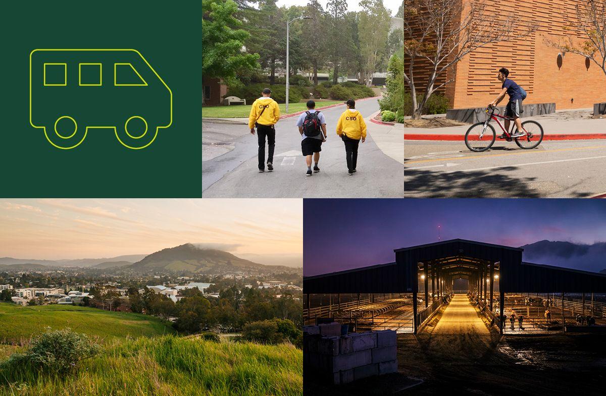 Yellow line drawing of bus, two people in yellow CSO jackets walking with a person, cyclist by brick building, grassy hill, lit barn at dusk.