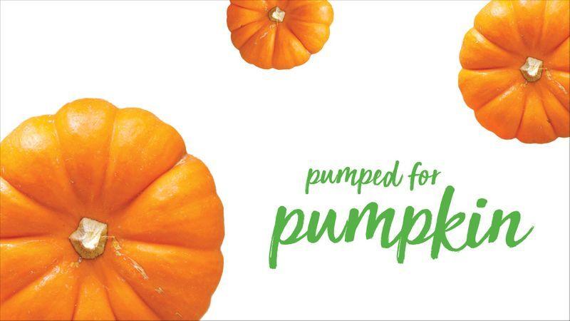 Three orange pumpkins with the green text "pumped for pumpkin" on a white background.