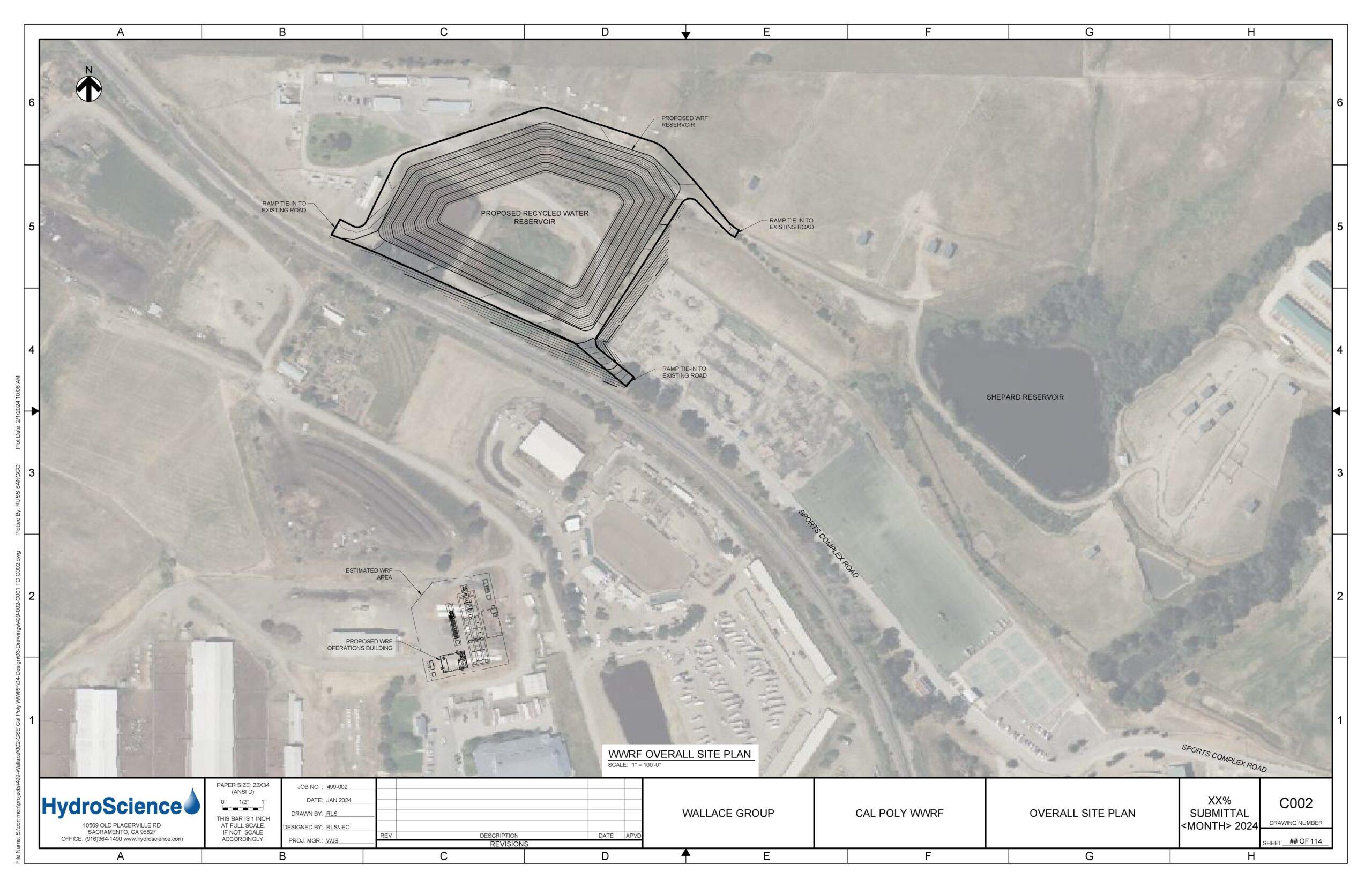 Aerial plan showing proposed recycled water reservoir, operation building, Shepard Reservoir, and Sports Complex Road.