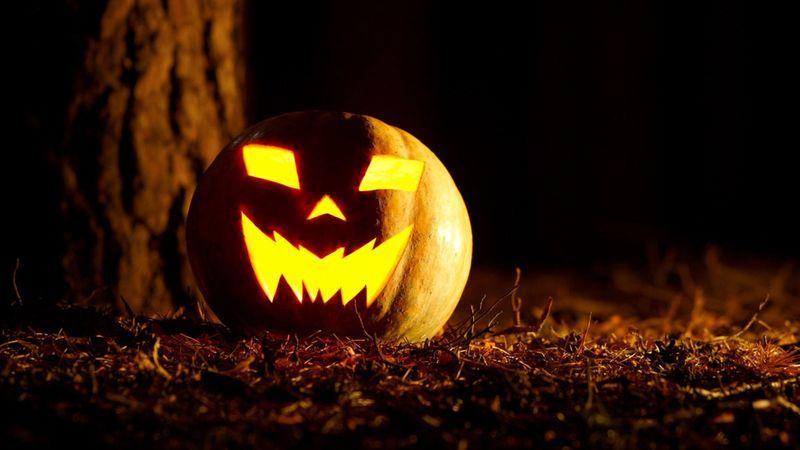 Glowing carved jack-o'-lantern with sharp eyes and jagged mouth on forest floor at night.