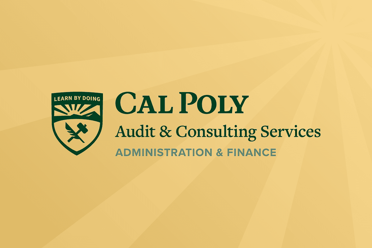 Green Cal Poly Audit & Consulting Services logo with "Learn by Doing" on a gold sunburst background