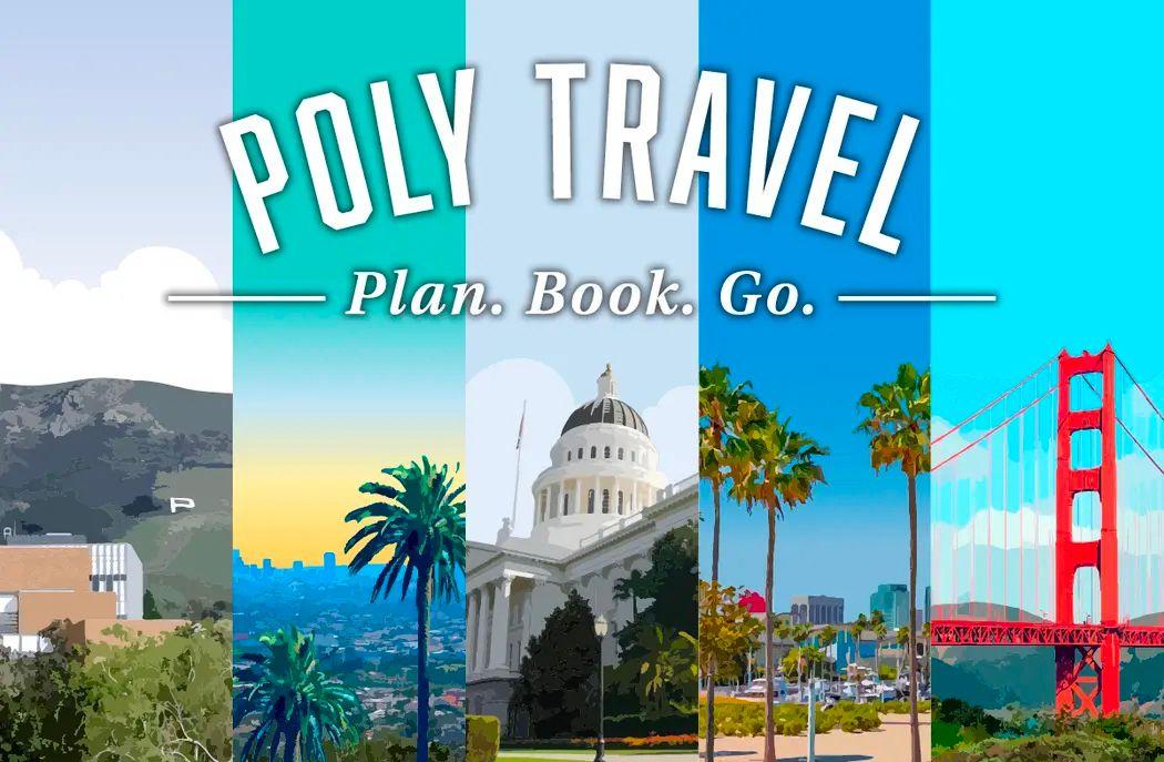 Poly Travel logo with the slogan "Plan. Book. Go." and stylized images of mountains, palm trees, a capitol building, and the Golden Gate Bridge.