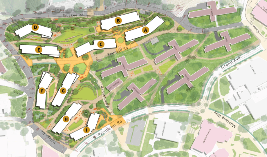 Site plan showing labeled buildings A to I with surrounding roads including Truckee Rd, Klamath Rd, Perimeter Rd, and Grand Ave.