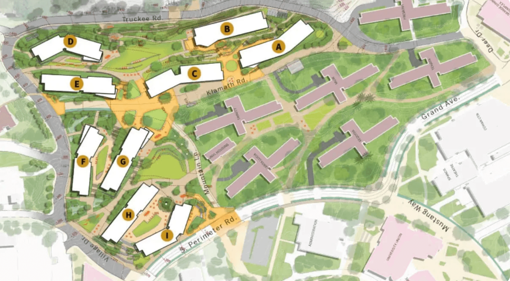 Color-coded site plan map showing proposed campus housing buildings labeled A through I, with roads, walkways, and landscaped areas around Klamath Road, Grand Avenue, and Mustang Way.
